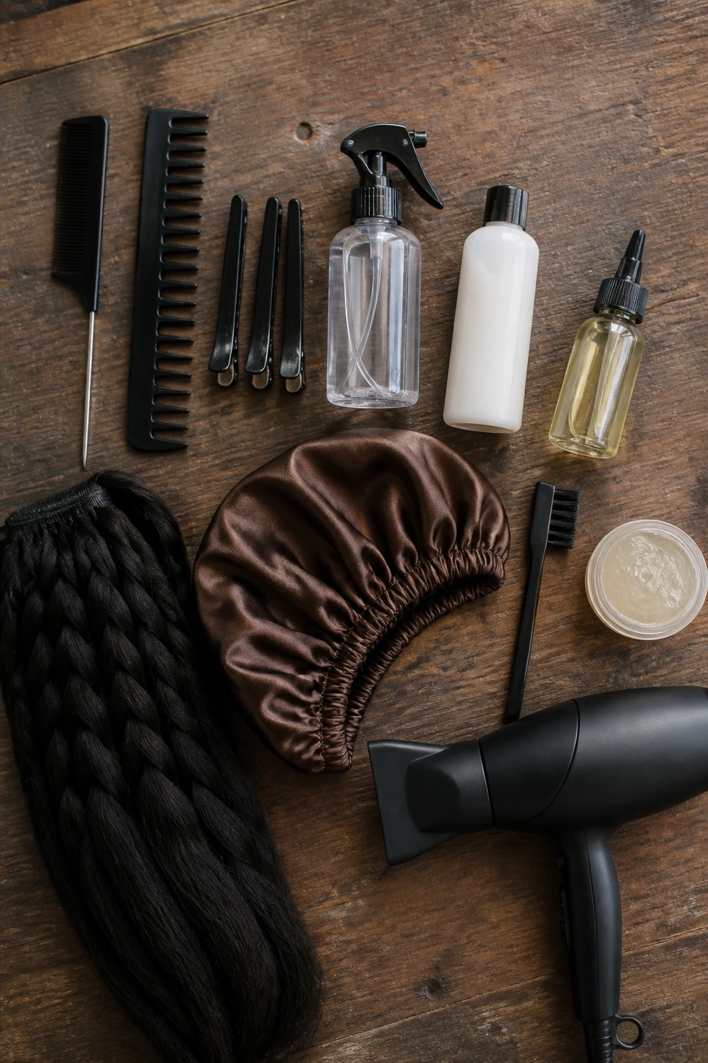 Flat-lay of essential twist braid tools on wood surface