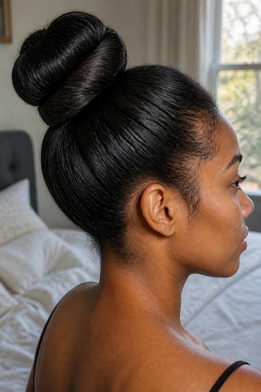 Close-up portrait of a real woman with a wrapped-base twist bun hiding the elastic