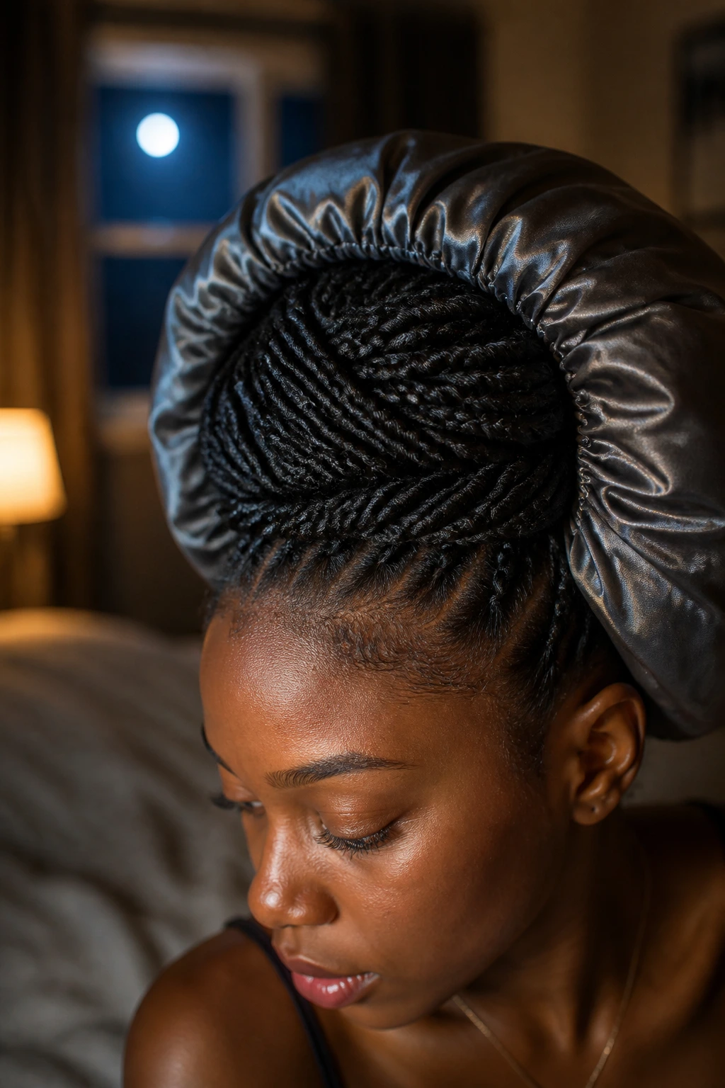 Close-up of a real person with a satin bonnet and sleek twist bun in a night-time bedroom.