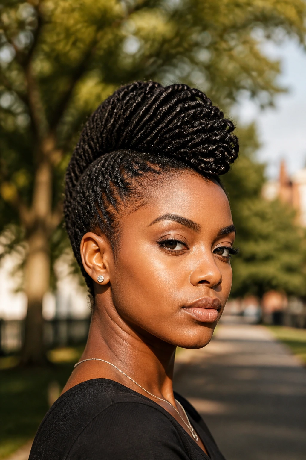 Close-up of a real woman with a twist hawk hairstyle