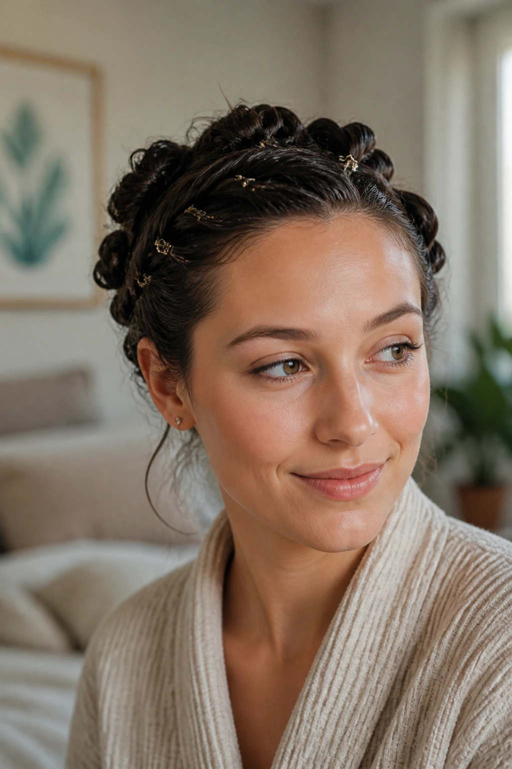Portrait of woman with heat-free twists styled for fine hair