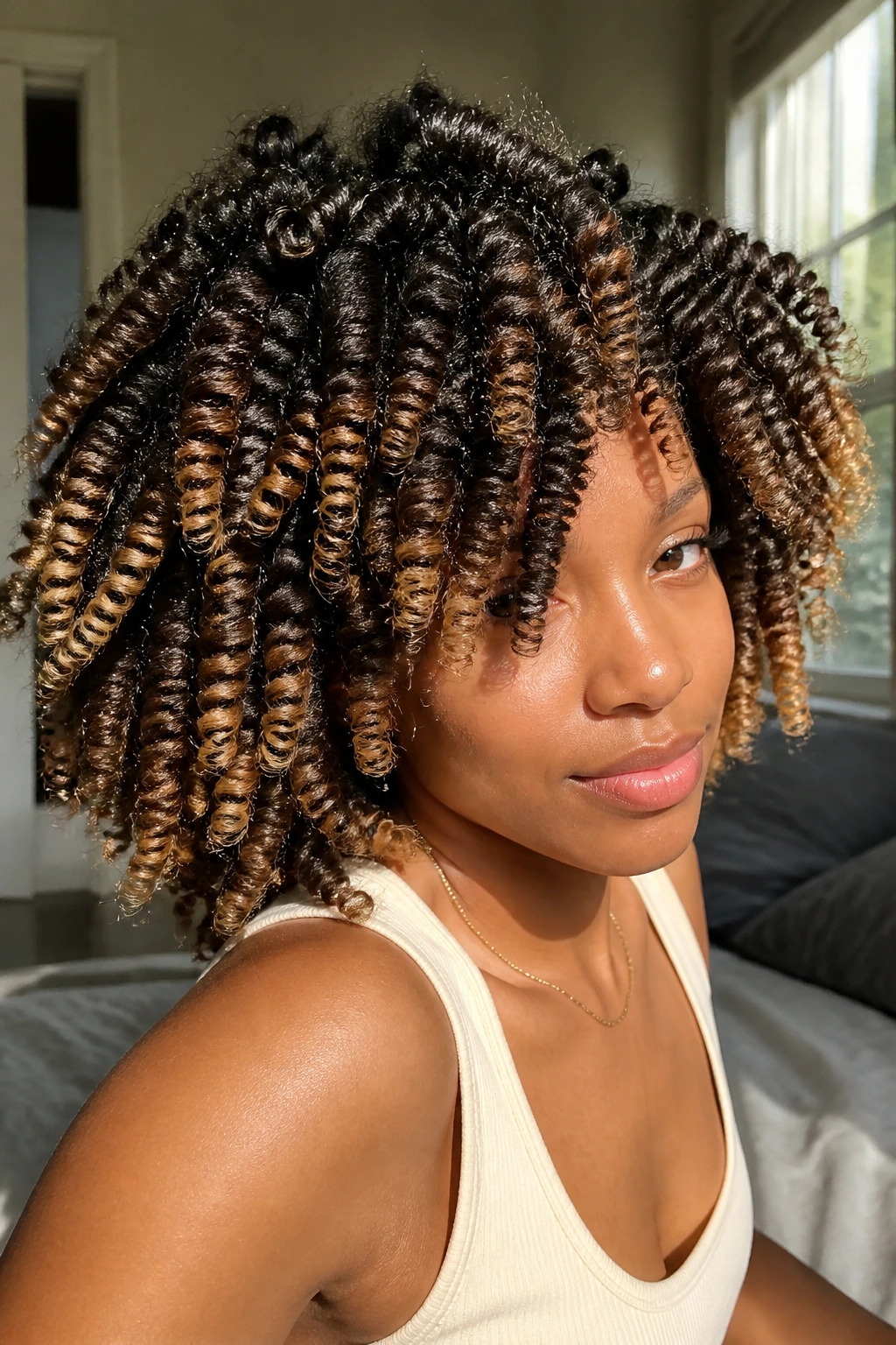 Close-up portrait of a woman with twist-out and bright babylights at the ends