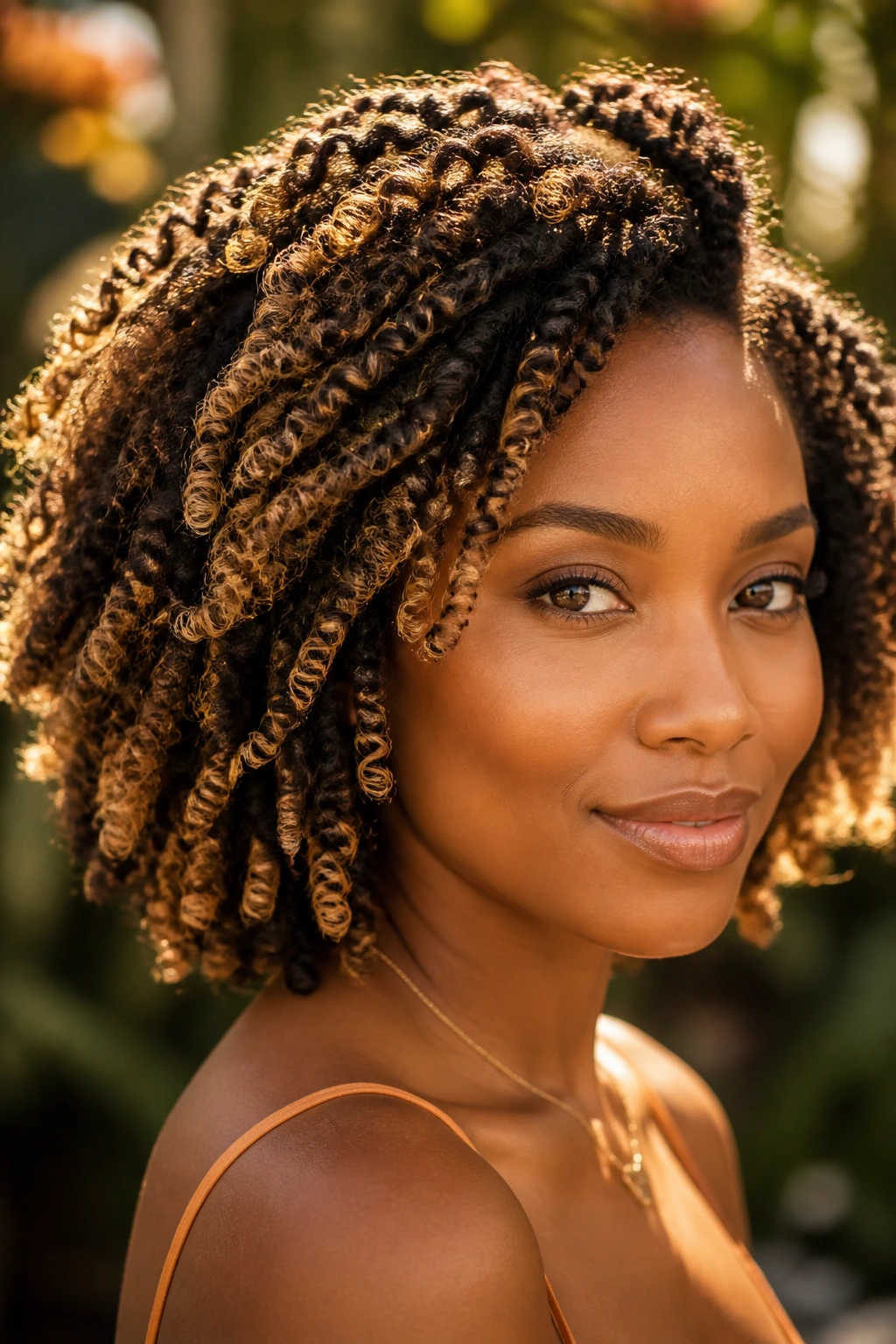 Close-up of a real woman with twist-out hair and sunlit caramel balayage highlights