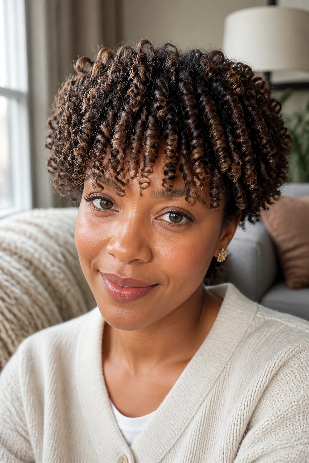 Twist-Out Bang close-up on real person with hazelnut lowlights