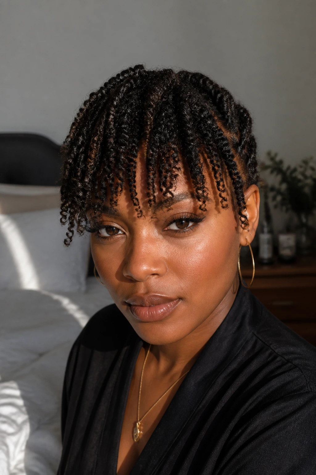 Close-up of a real woman with twist-out bangs showing soft separation.