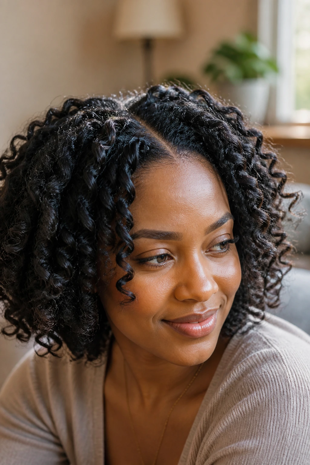 Close-up of a real person with twist-out waves and beachy separation
