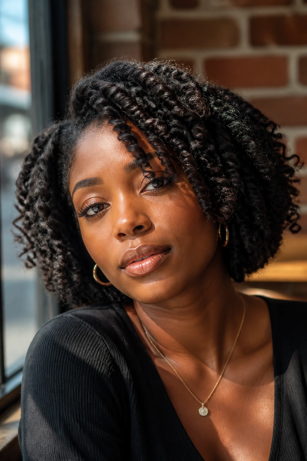 Close-up portrait of a real woman with a twist-out bob in natural café light