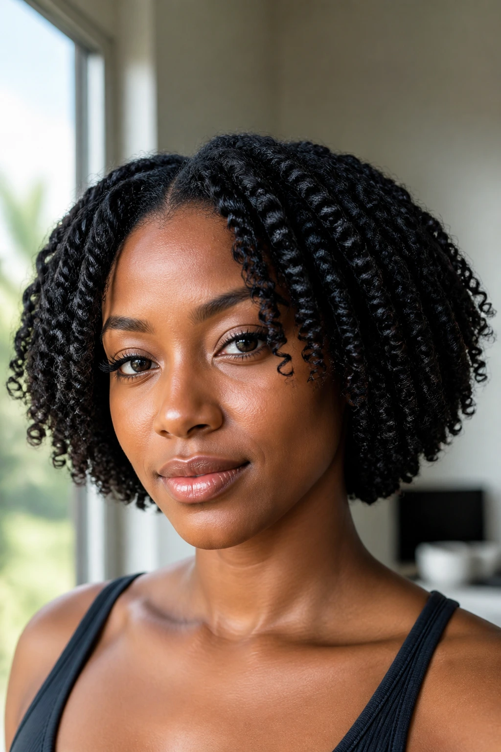 Close-up portrait of a real woman with twist-out bob and defined twists.