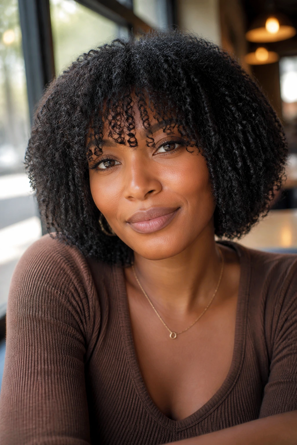 Real woman with twist-out bob and airy bangs in daylight