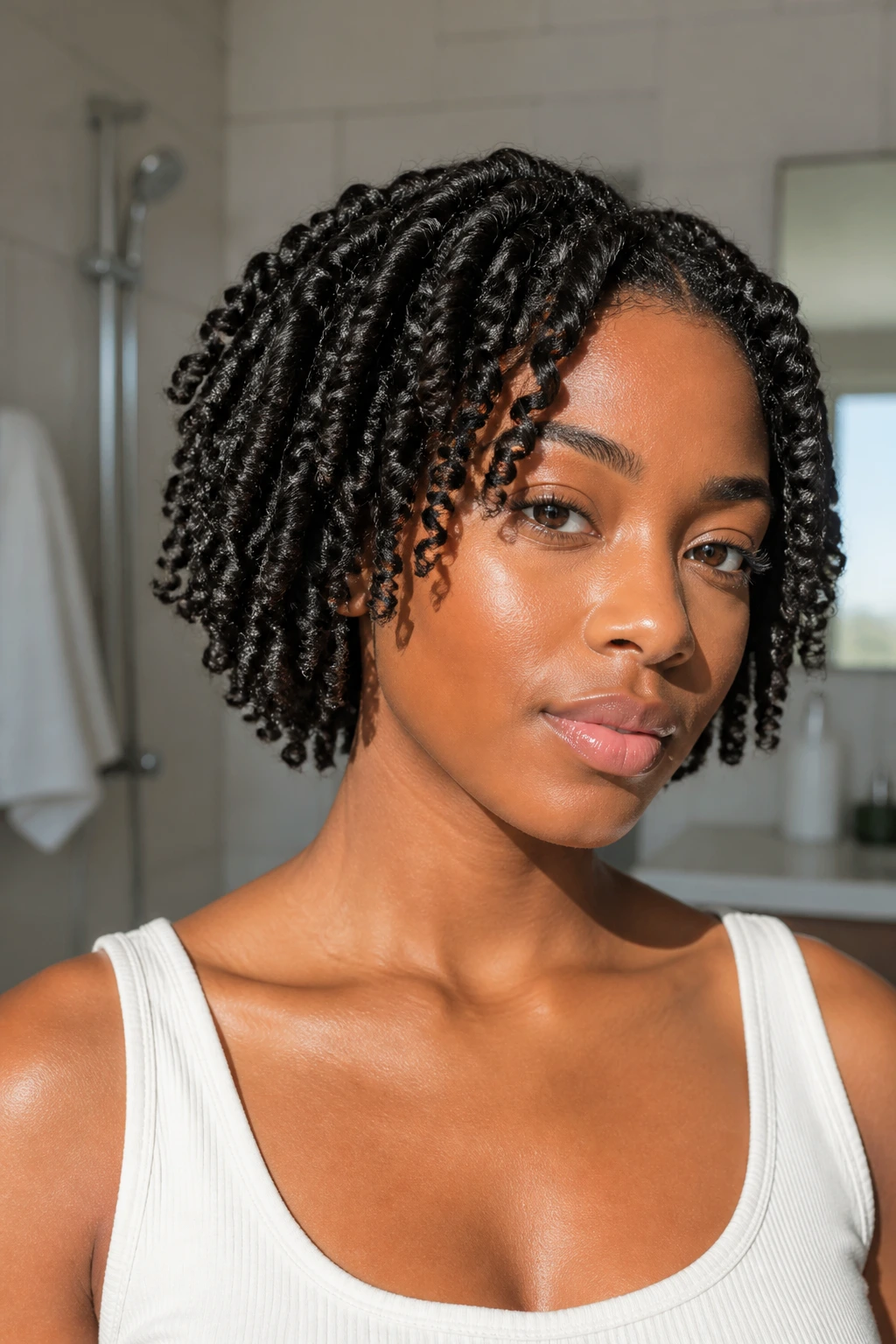 Close-up of a real woman with twist-out bob and soft ends.