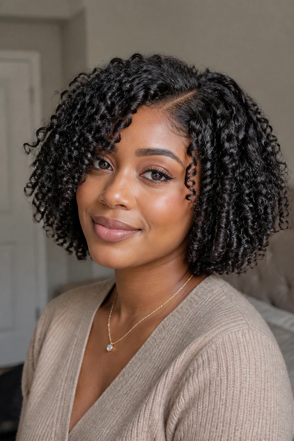 Portrait of a real woman with twist-out bob and defined curls