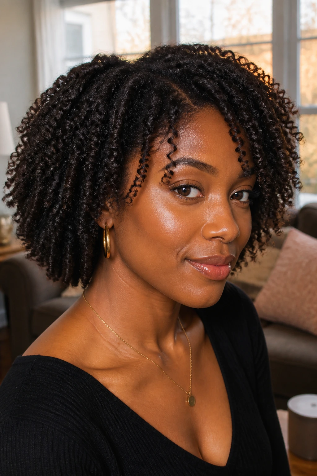 Close-up portrait of a real woman with a twist-out bob showing defined curls.