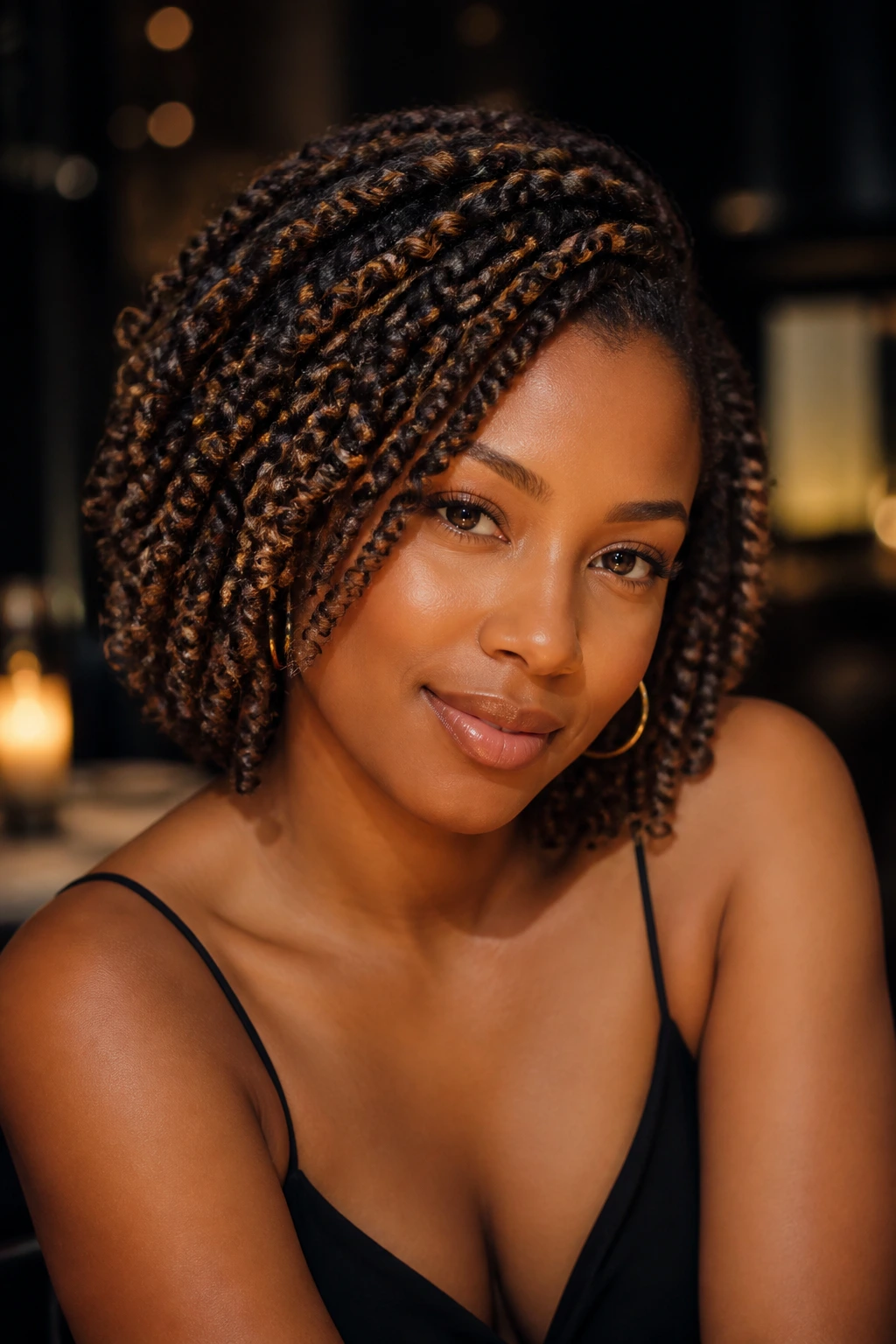 Close-up of a woman with twist-out bob and glossy definition in a dining setting