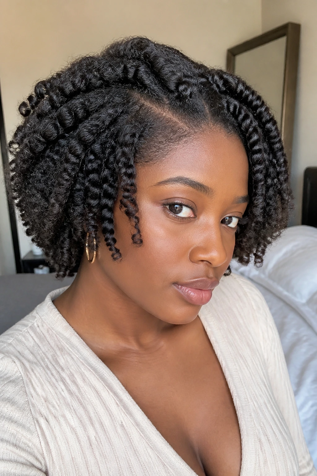 Close-up of a real Black woman with twist-out bob and stretched roots.