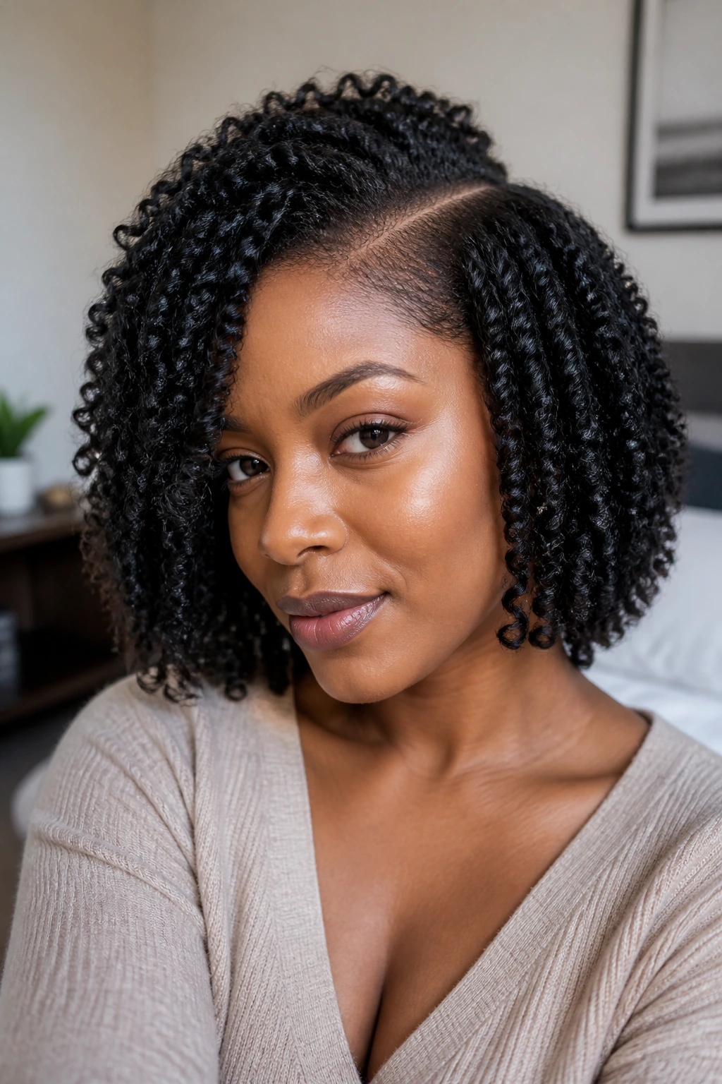 Close-up of a real woman with twist-out bob and side part under natural daylight