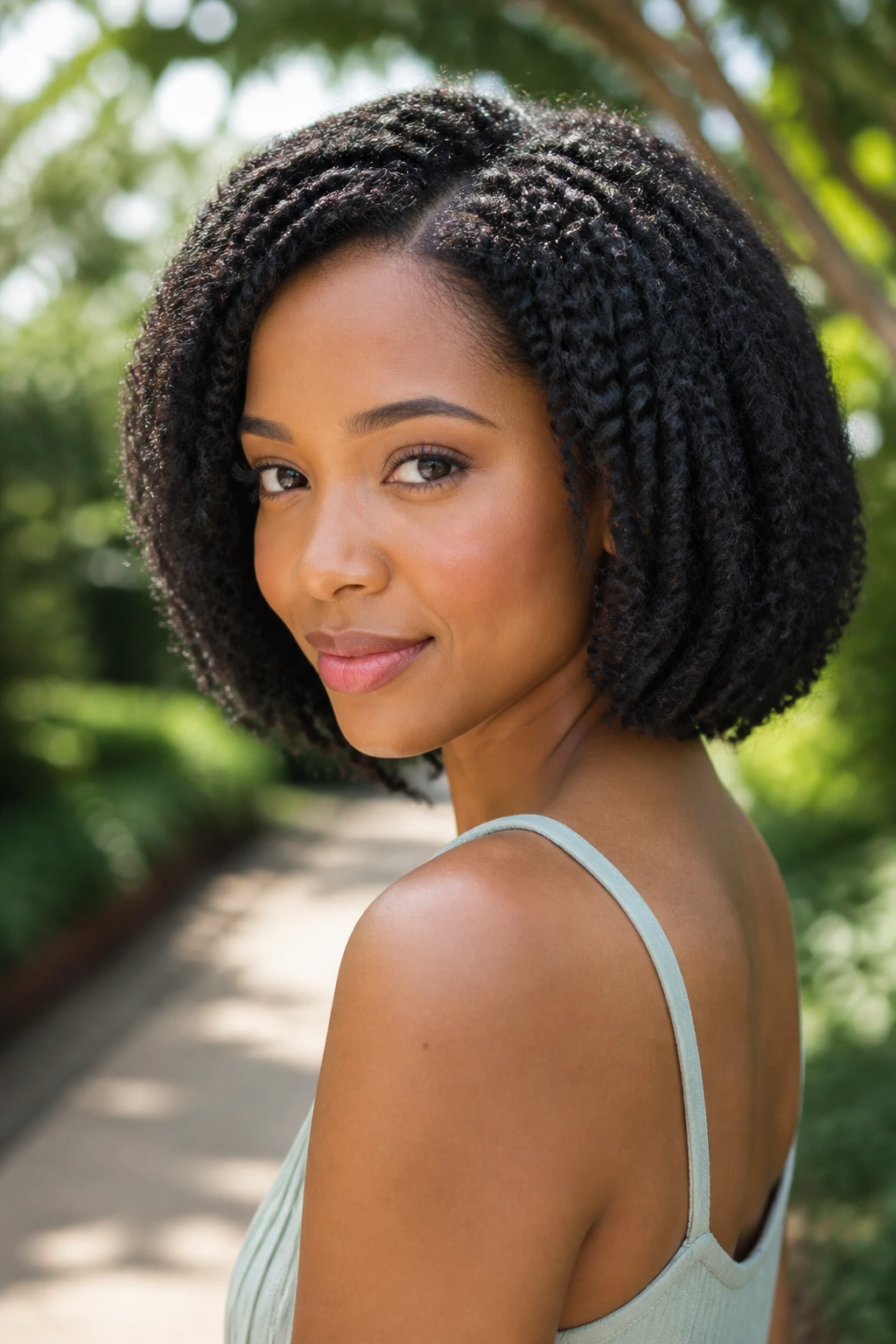Close-up of woman with stretched twist-out bob and tucked ends in outdoor light