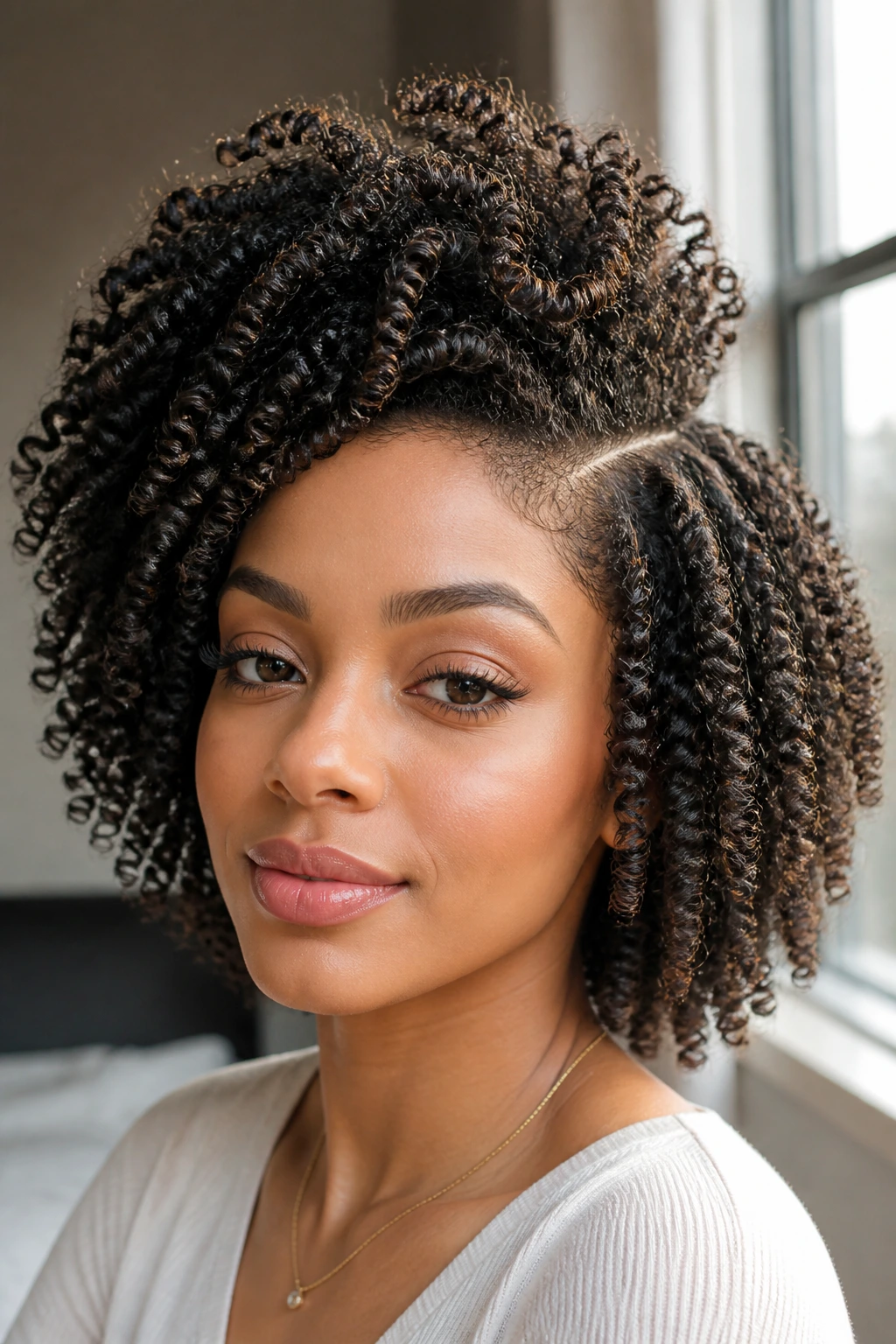 Close-up portrait of a real person with twist-out bob and crown volume.