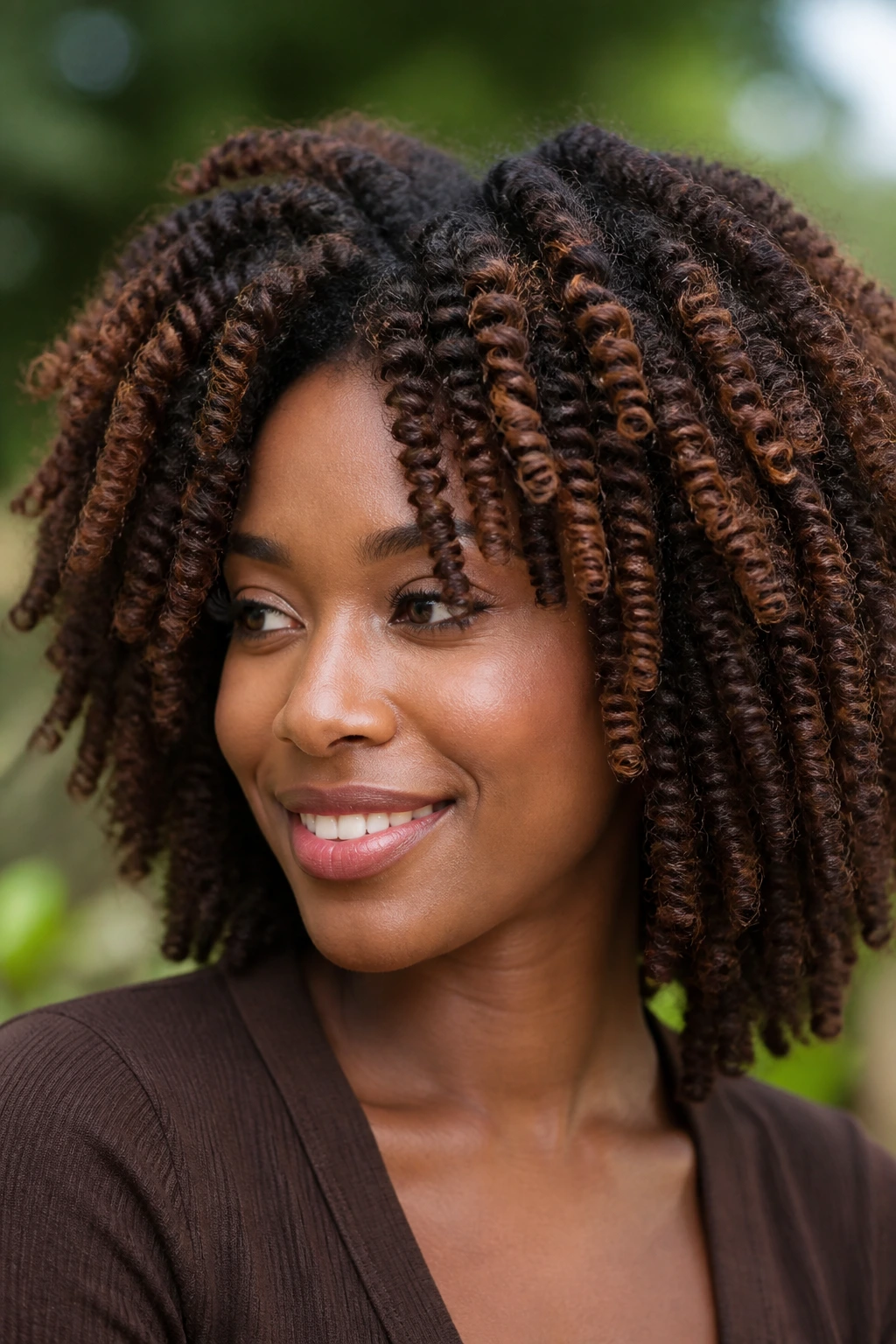 Close-up of a real woman with twist-out hair and cocoa mocha lowlights outdoors
