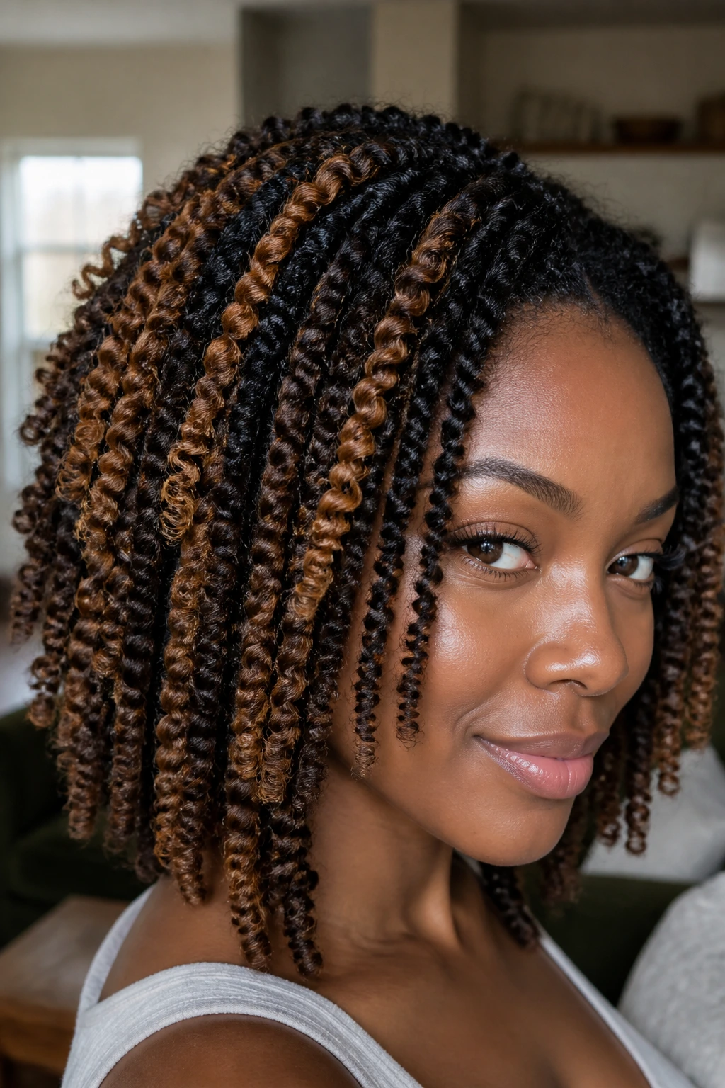 Close-up of a real woman with defined twist-out and caramel babylights