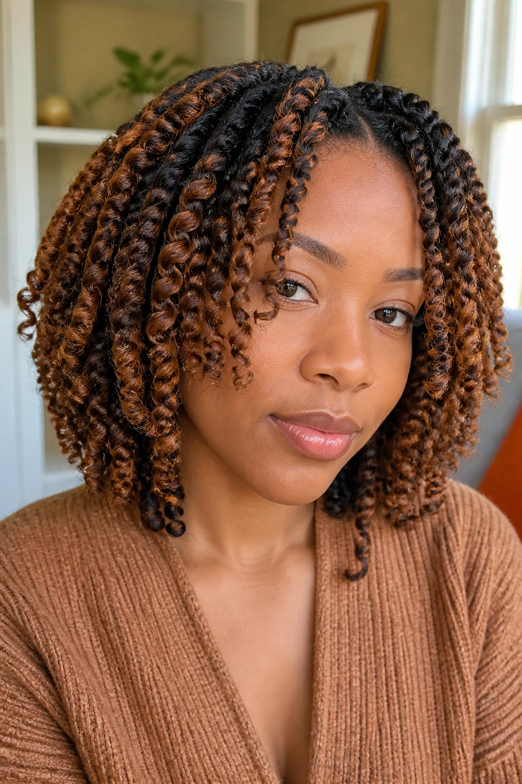 Twist-out lob with honey caramel highlights on a real person