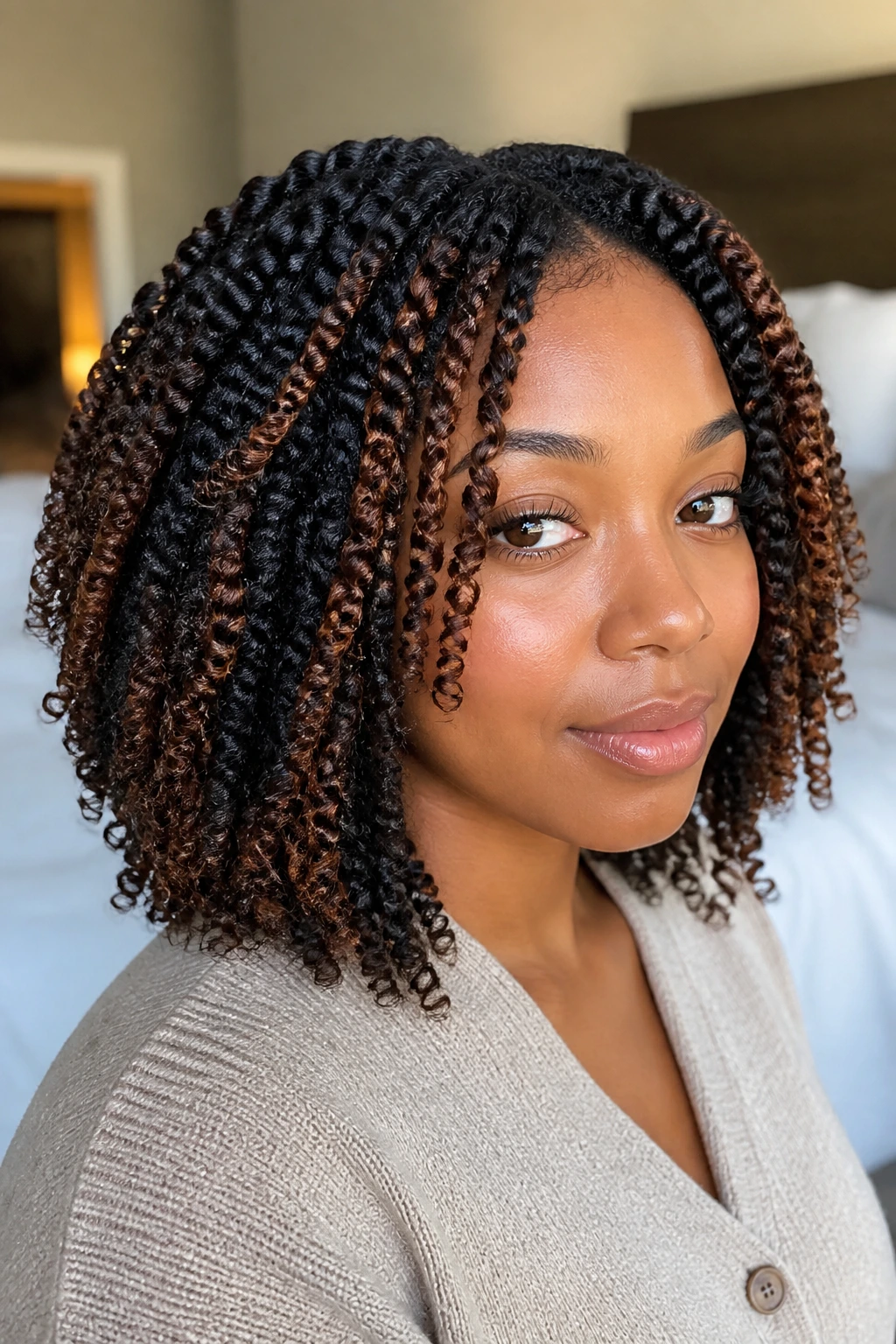Shoulder-length twist-out with thin caramel ribbons around crown and temples.