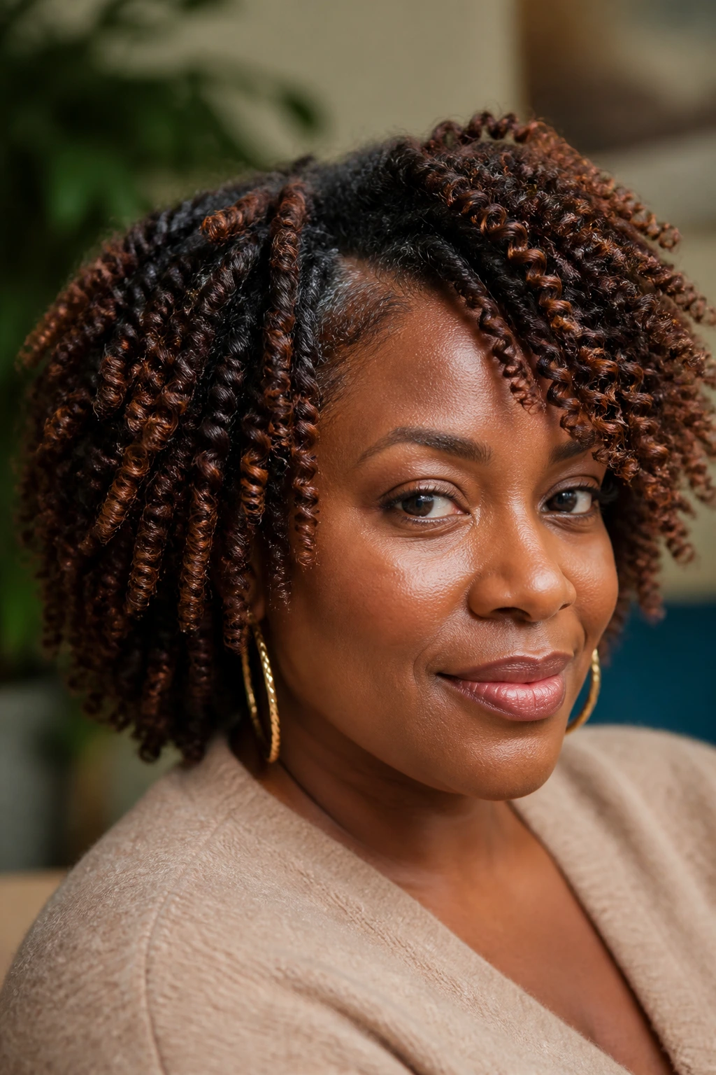 Close-up of a person with cinnamon twist-out and chestnut ribbons