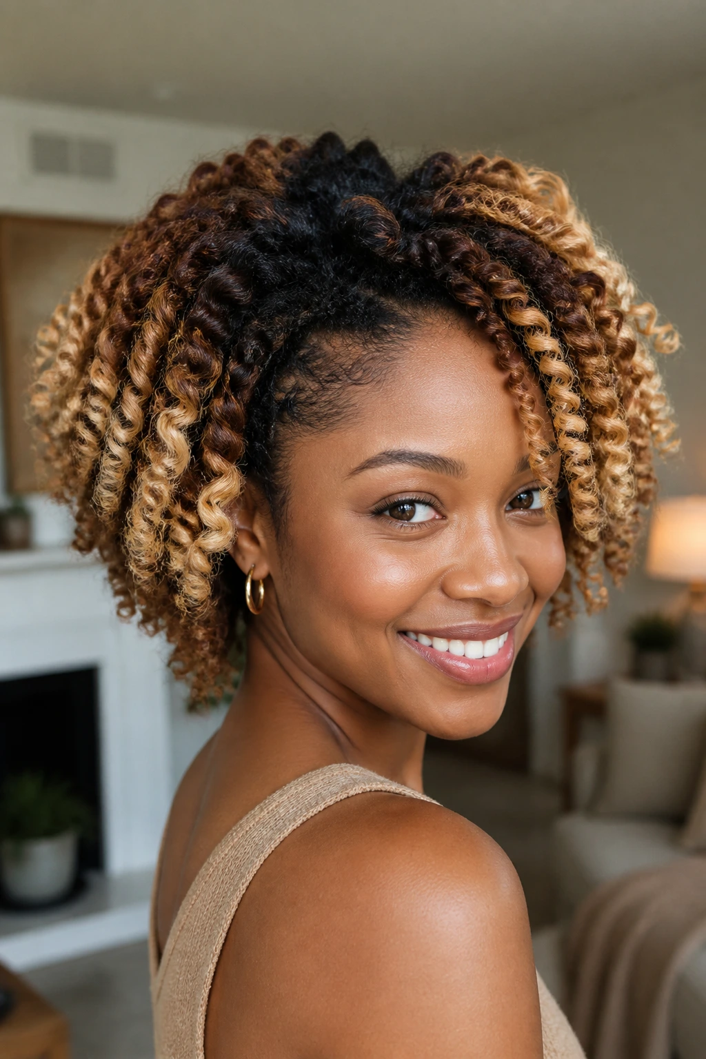 Portrait of a woman with twist-out showing cinnamon to buttery blonde gradient.