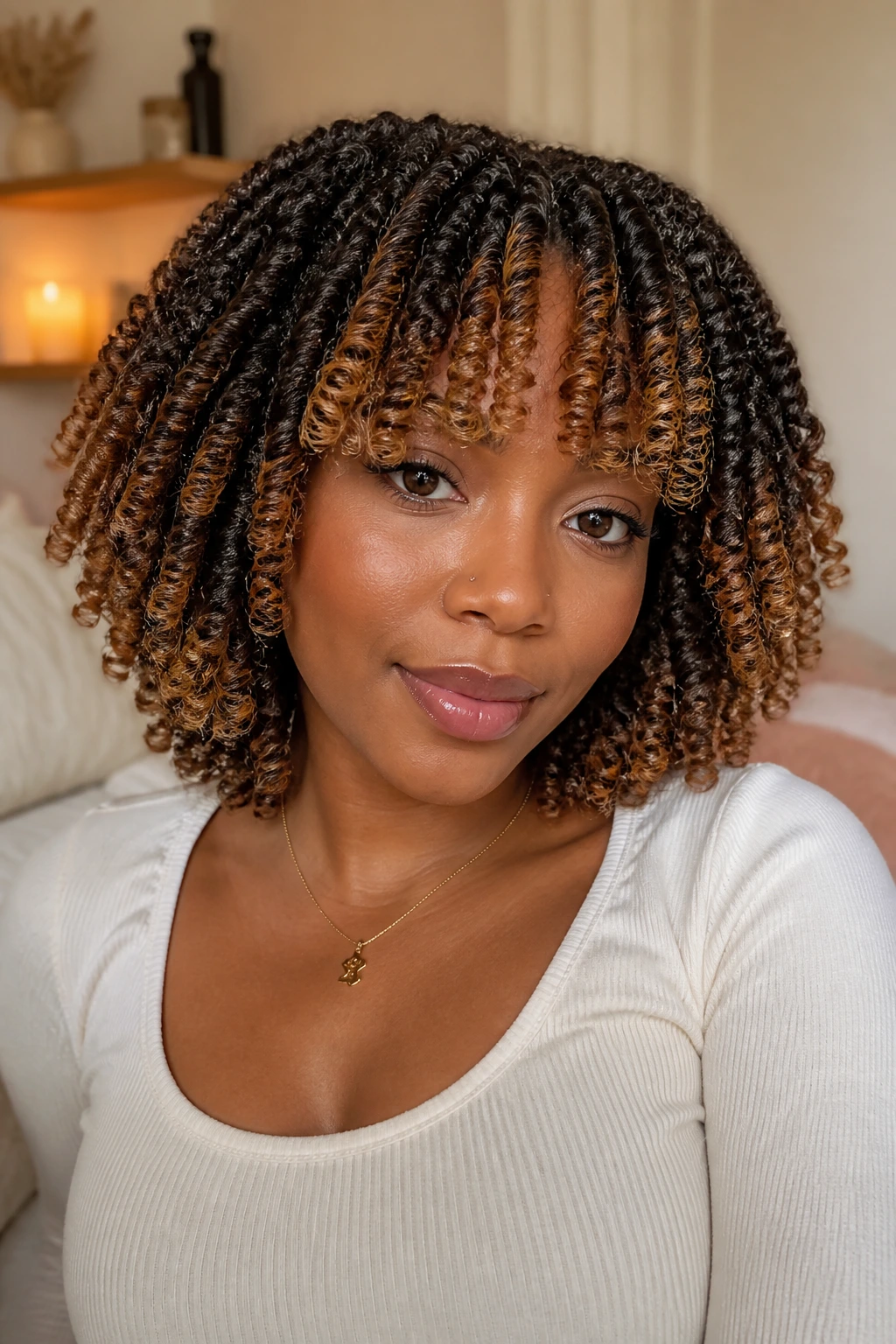 Real person with shoulder-length twist-out crochet and caramel fringe.