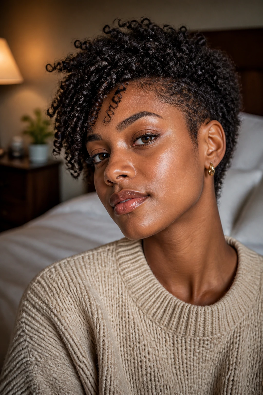 Close-up of a real Black woman with an uneven twist-out crop showing directional length