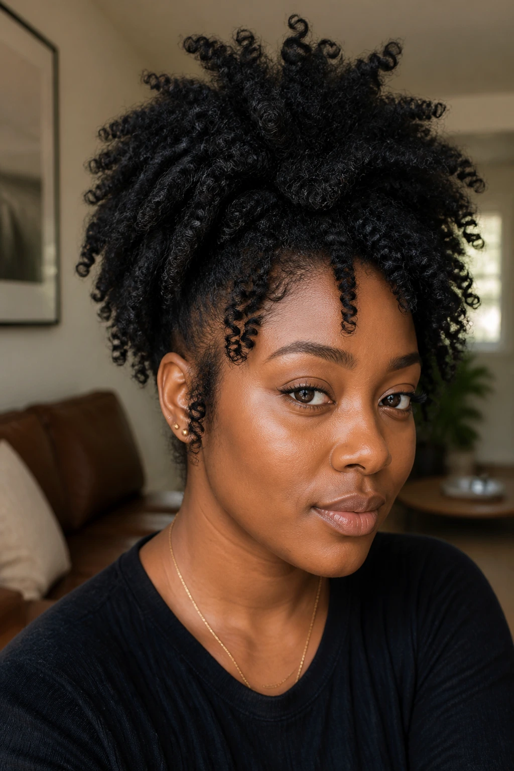 Close-up of a real Black woman with crown-height twist-out