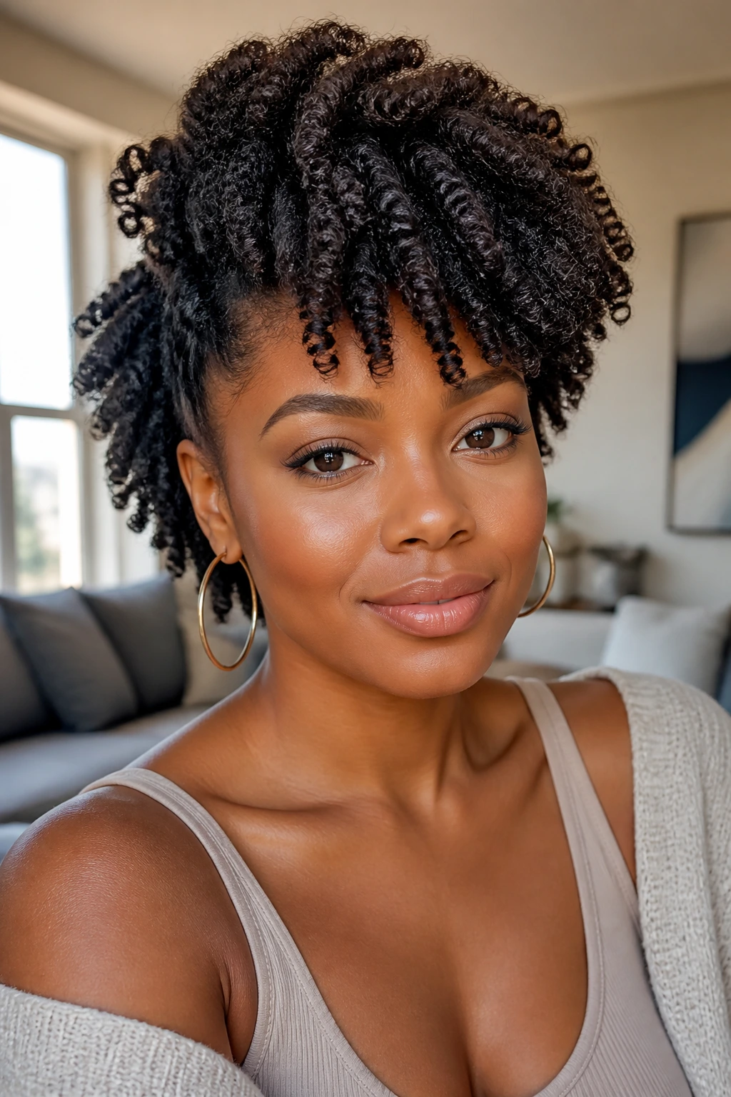 Close-up of real woman with twist-out and rounded crown volume in natural light