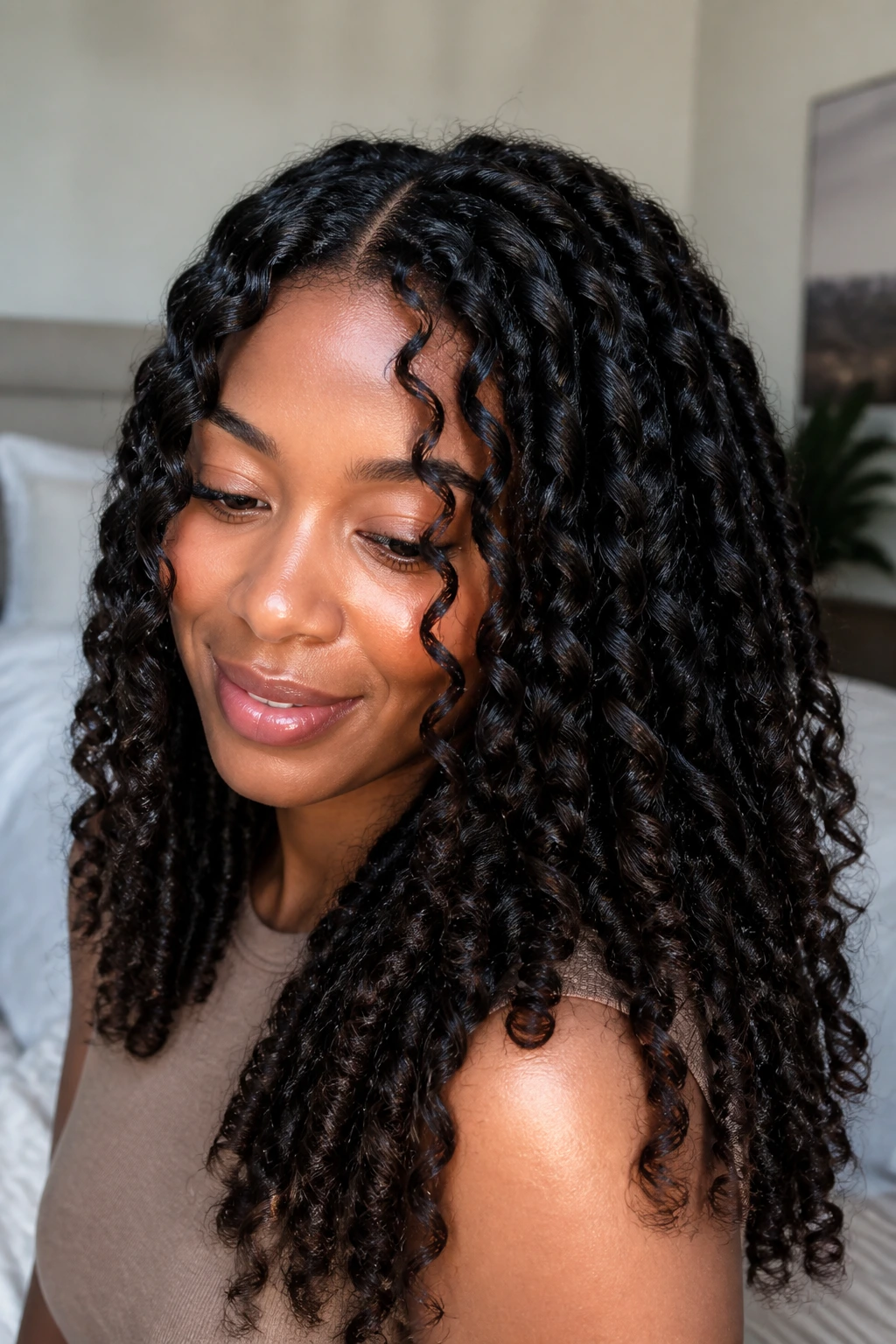 Close-up portrait of a real woman with twist-out curly texture