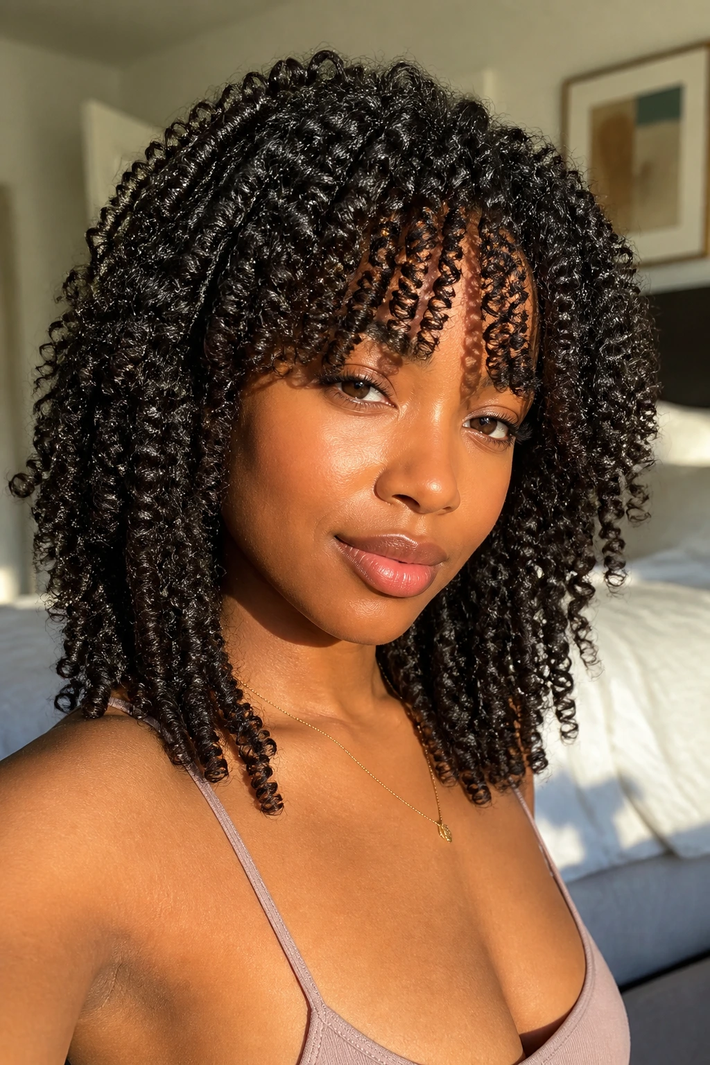 Close-up of a real woman with twist-out curls and curly fringe in natural window light