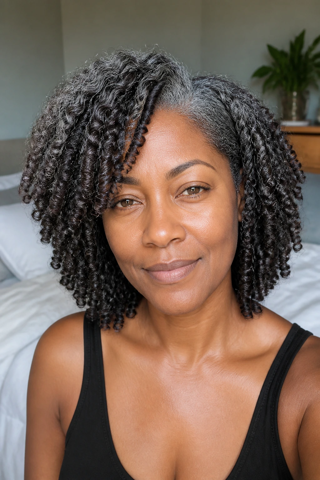 Close-up of real woman with twist-out hairstyle and curly ends