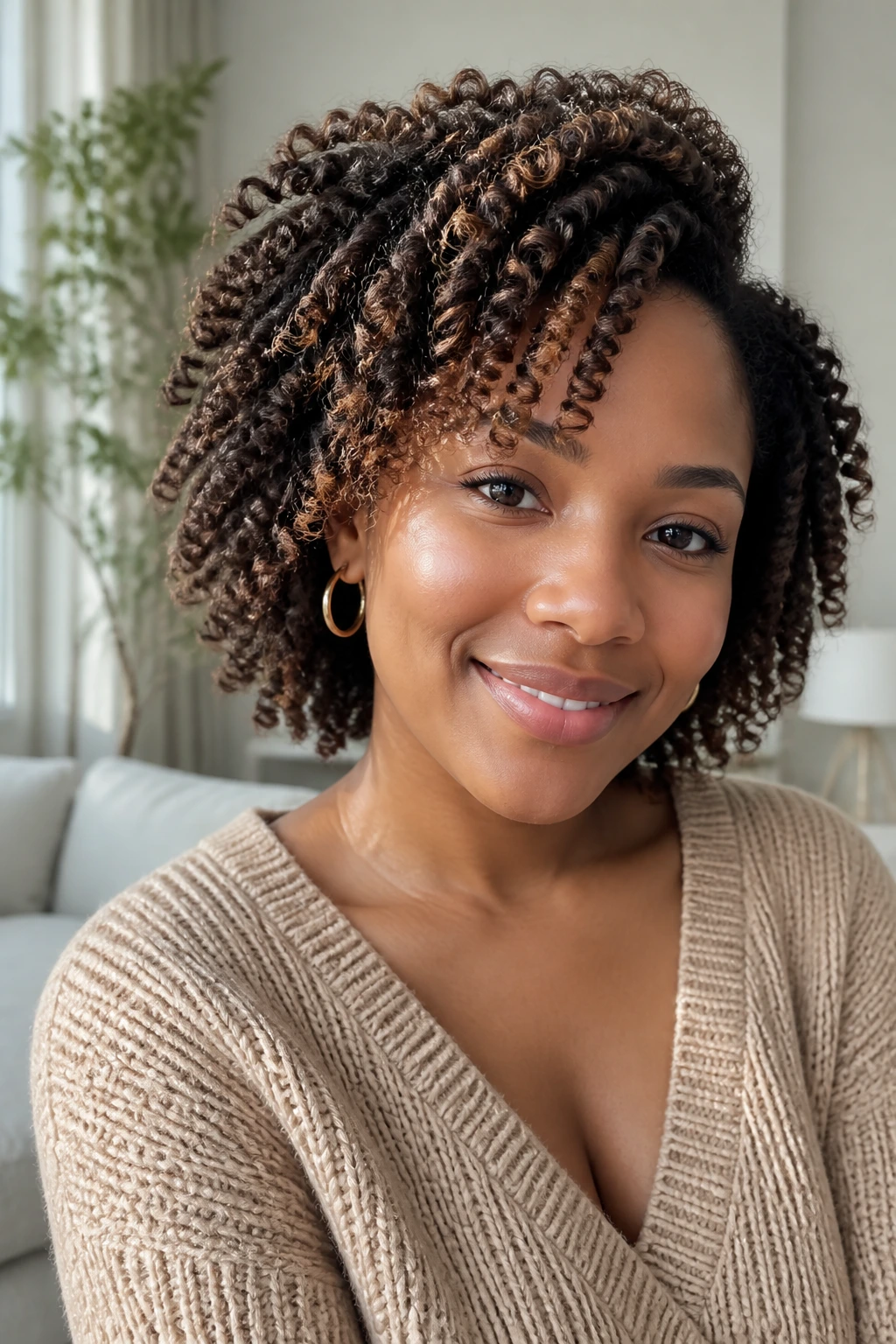 Close-up of a real woman with a twisted curl-out and defined lowlights.