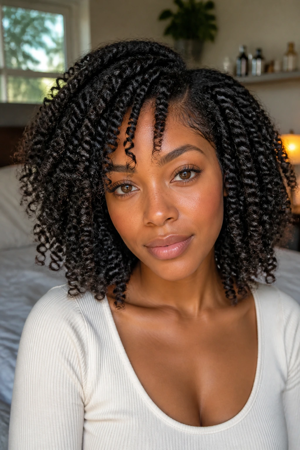 Close-up portrait of a real woman with a twist-out and defined ends in natural window light