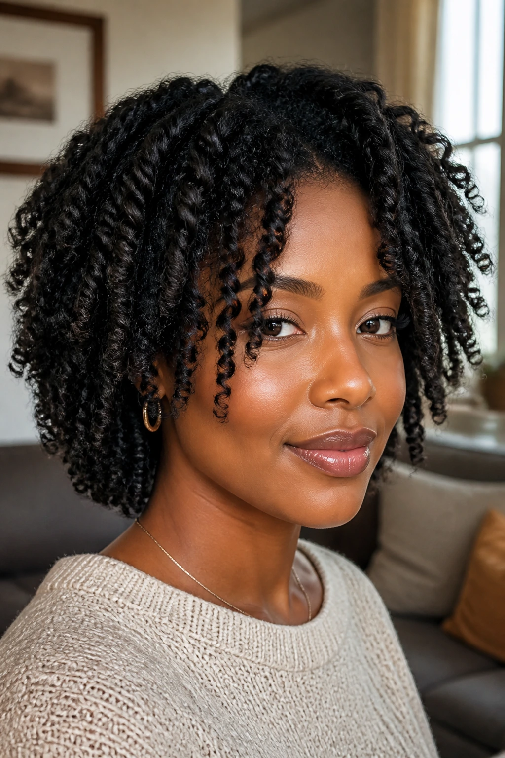 Close-up of a Black woman with a twist-out that frames her face