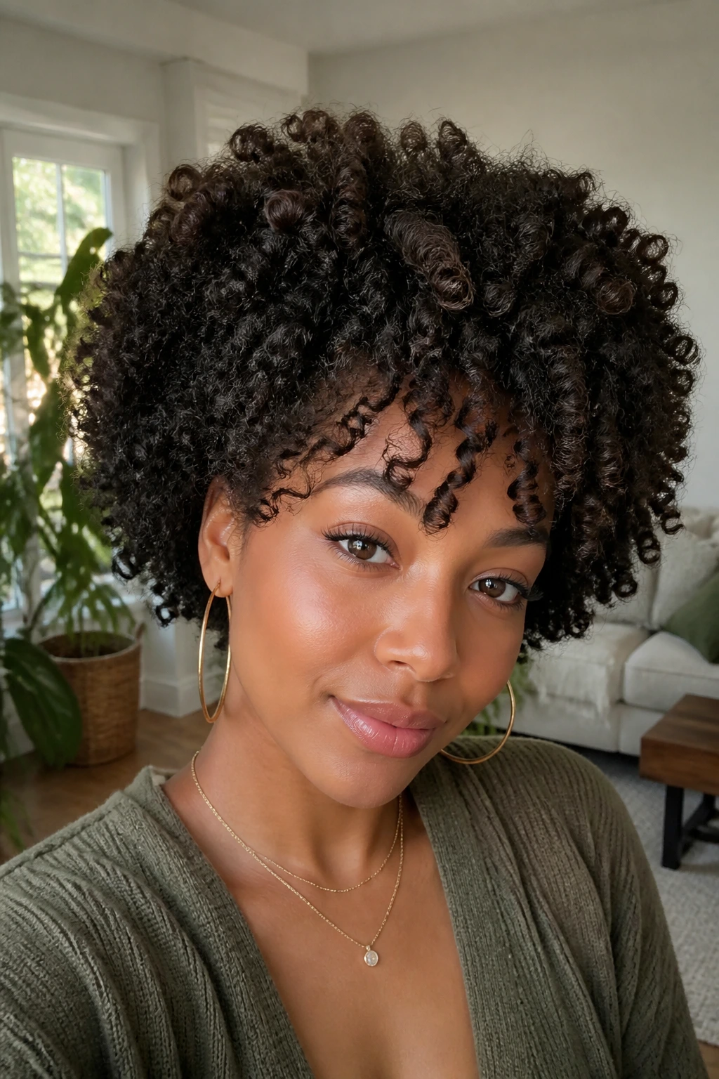 Close-up portrait of a woman with a twist-out halo around the crown.