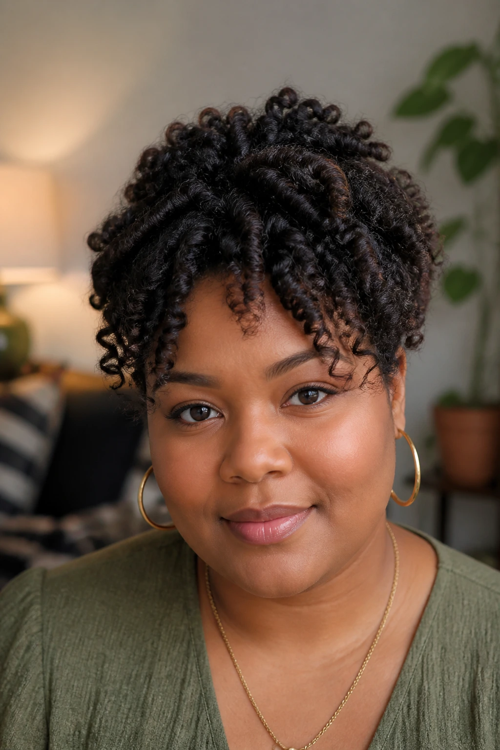 Close-up portrait of a real woman with a twist-out halo and lifted crown