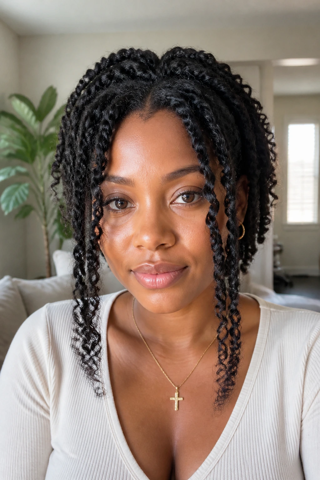 Close-up of a real person with twist-out layers and longer front pieces in a living room setting
