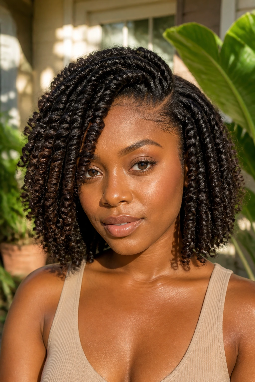 Portrait of a person with twist-out lob and deep side part.
