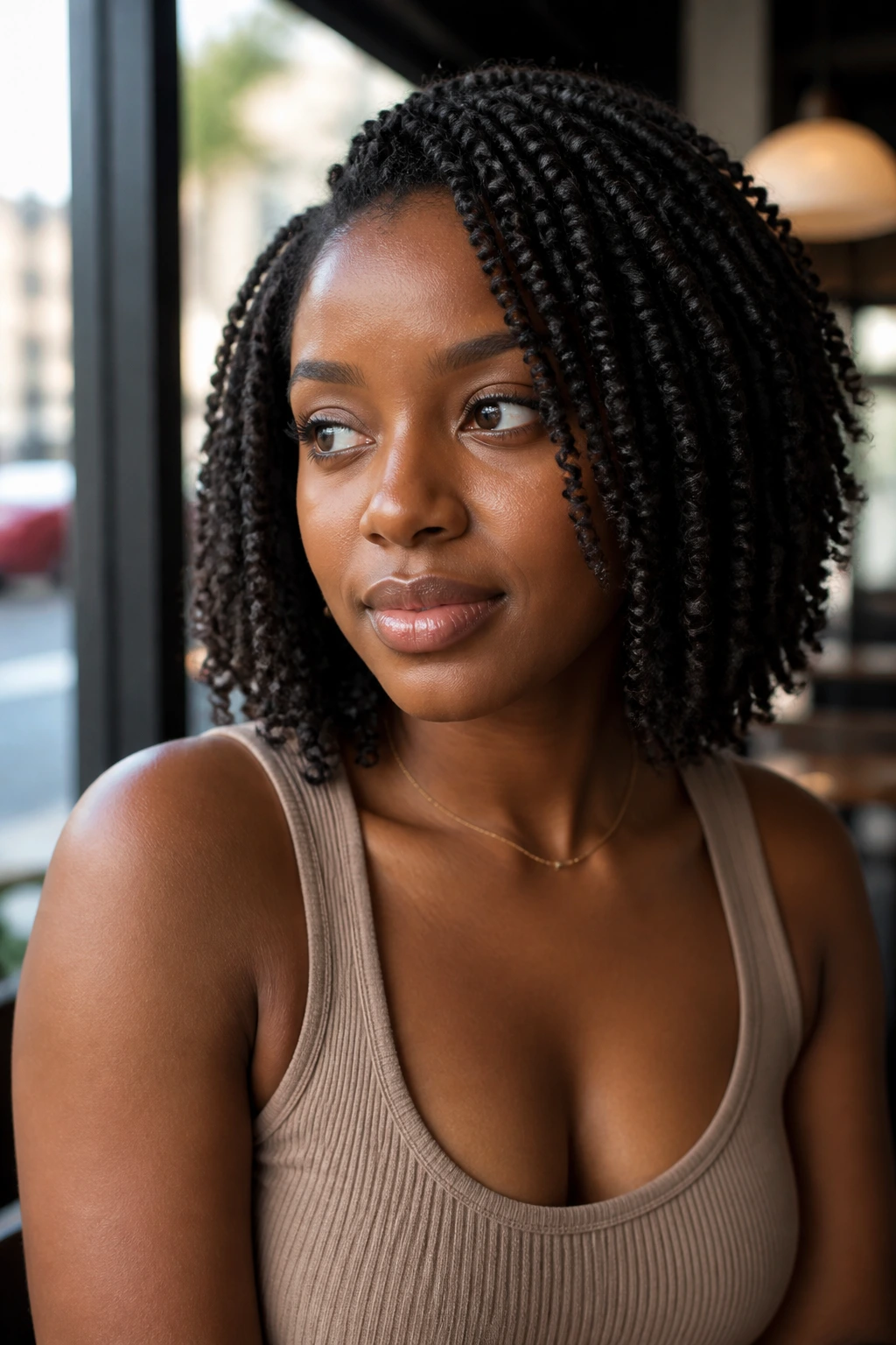 Close-up of a real woman with Twist-Out Lob defined ends in natural daylight