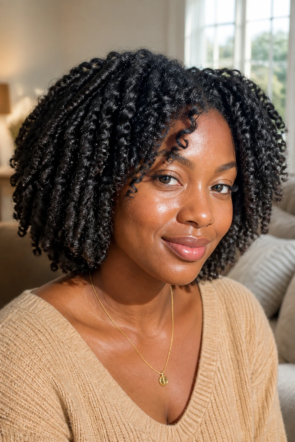 Close-up of a real Black woman with a twist-out lob forming a rounded silhouette