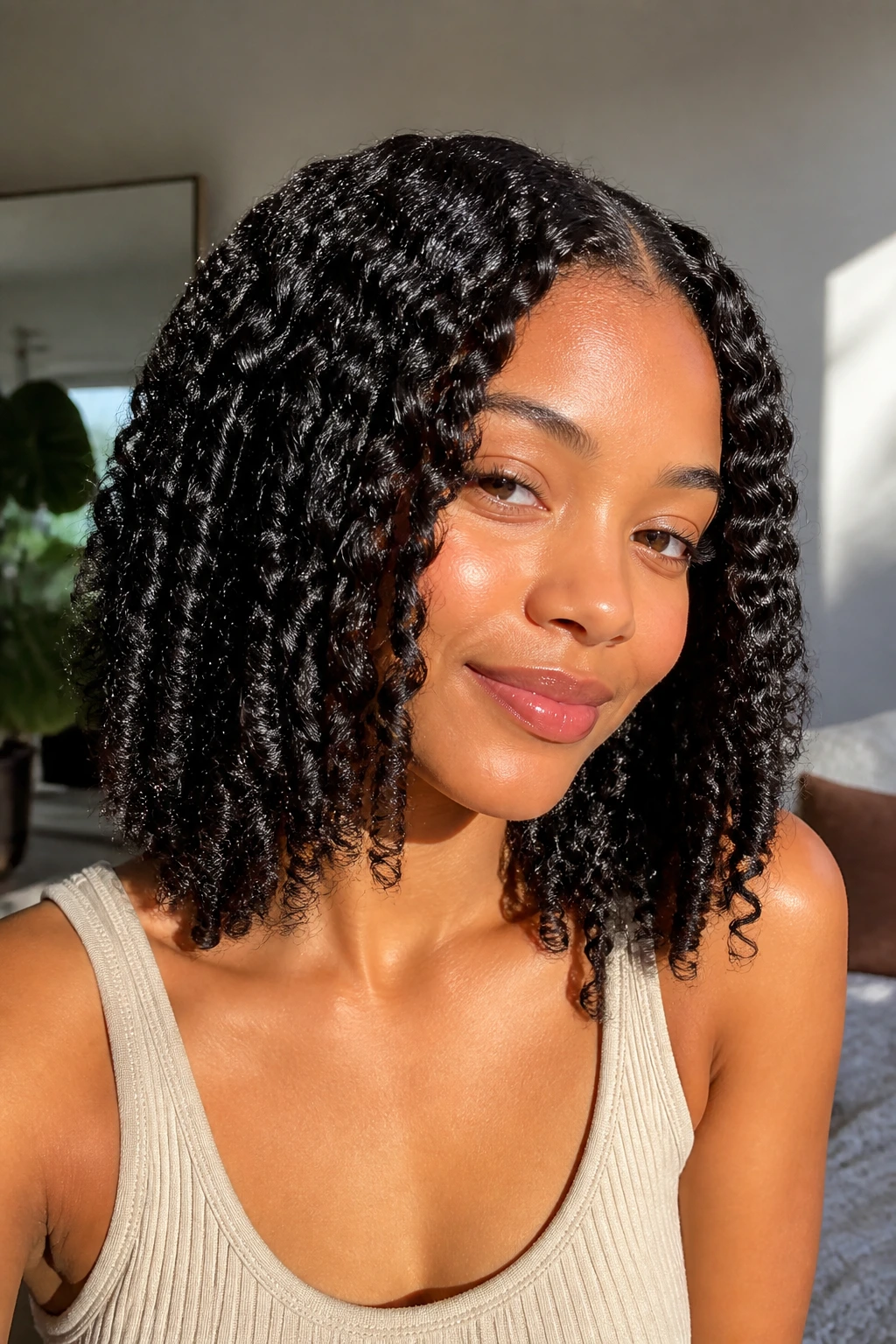 Close-up of a person with twist-out lob curls showing stretch and shine in a sunlit room