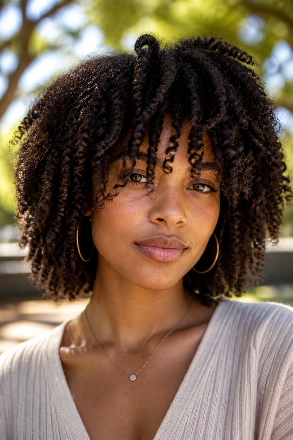 Portrait of a real woman with a loose twist-out and long fringe hairstyle