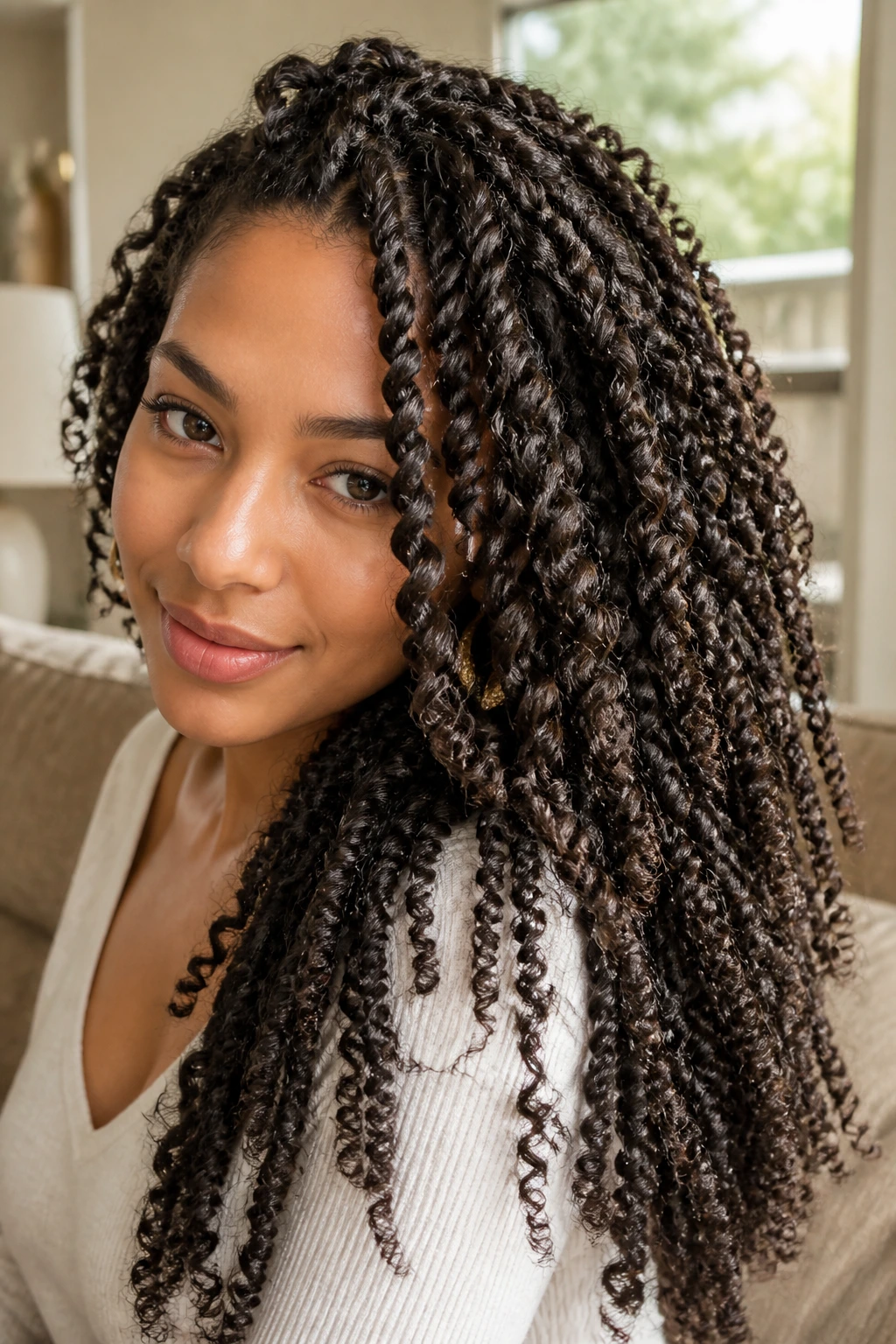 Close-up of a real woman with a long twist-out showing elongated rope curls
