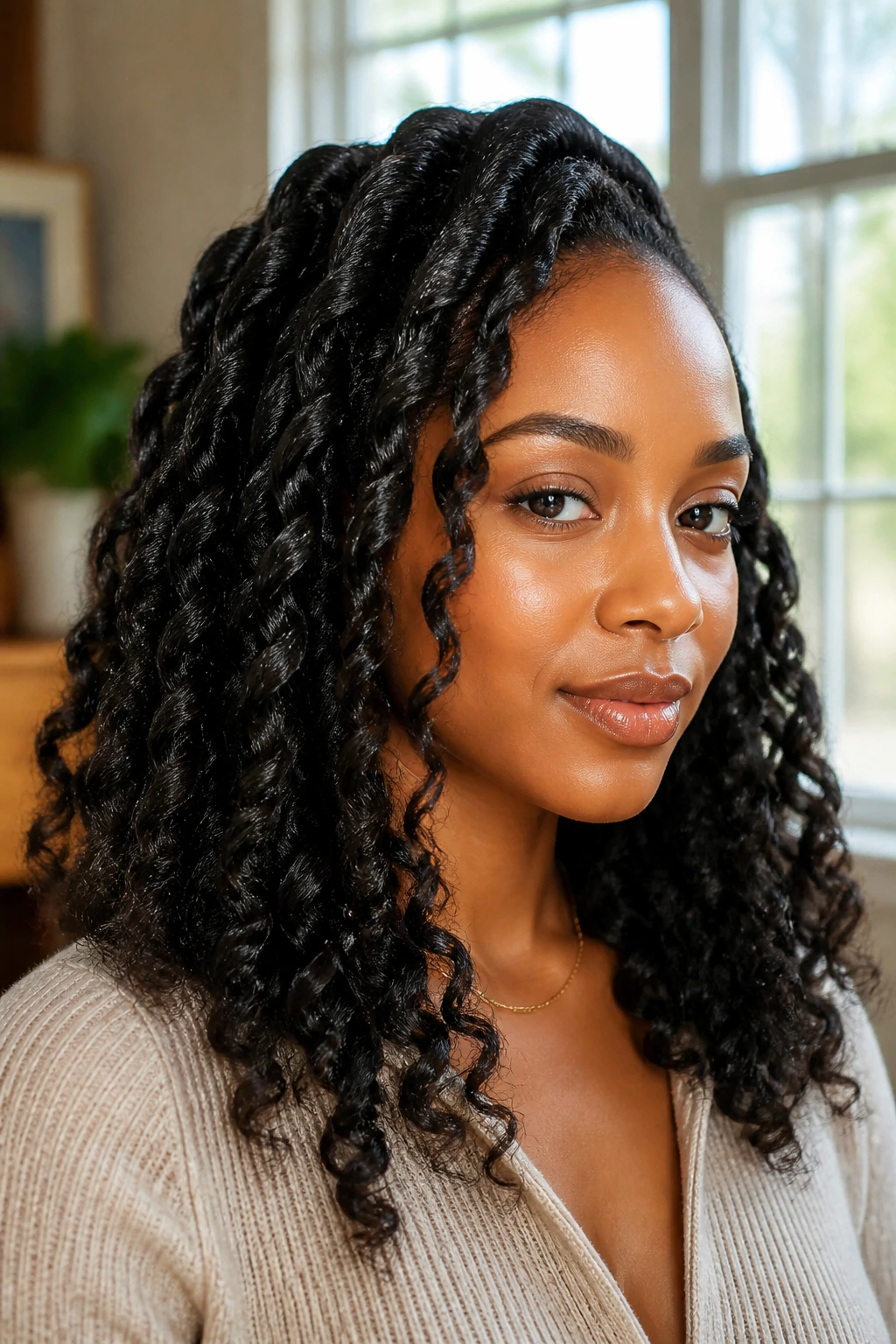 Close-up of a real person with twist-out stretched into loose curls