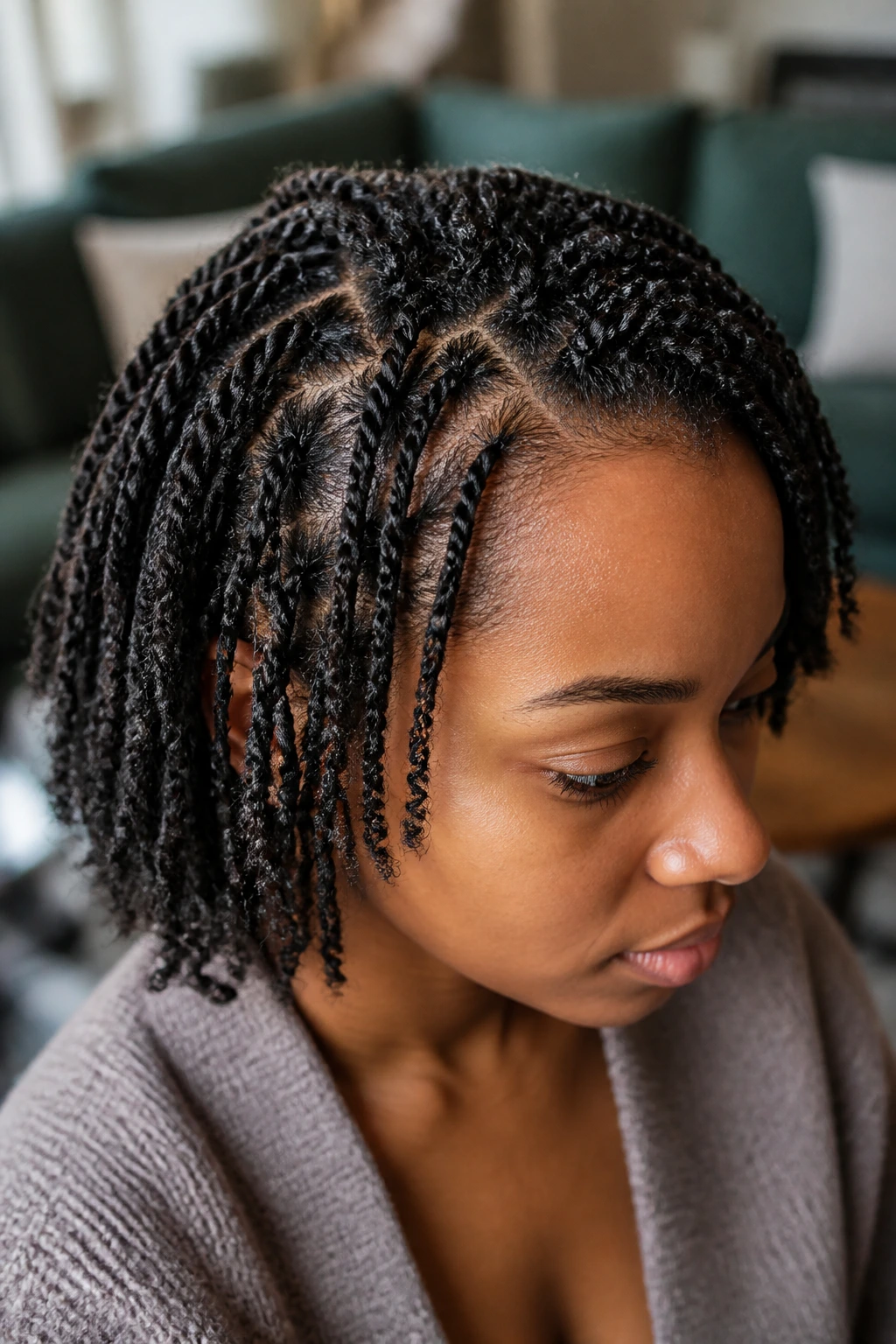Real person with prep twists ready to unravel twist-out.