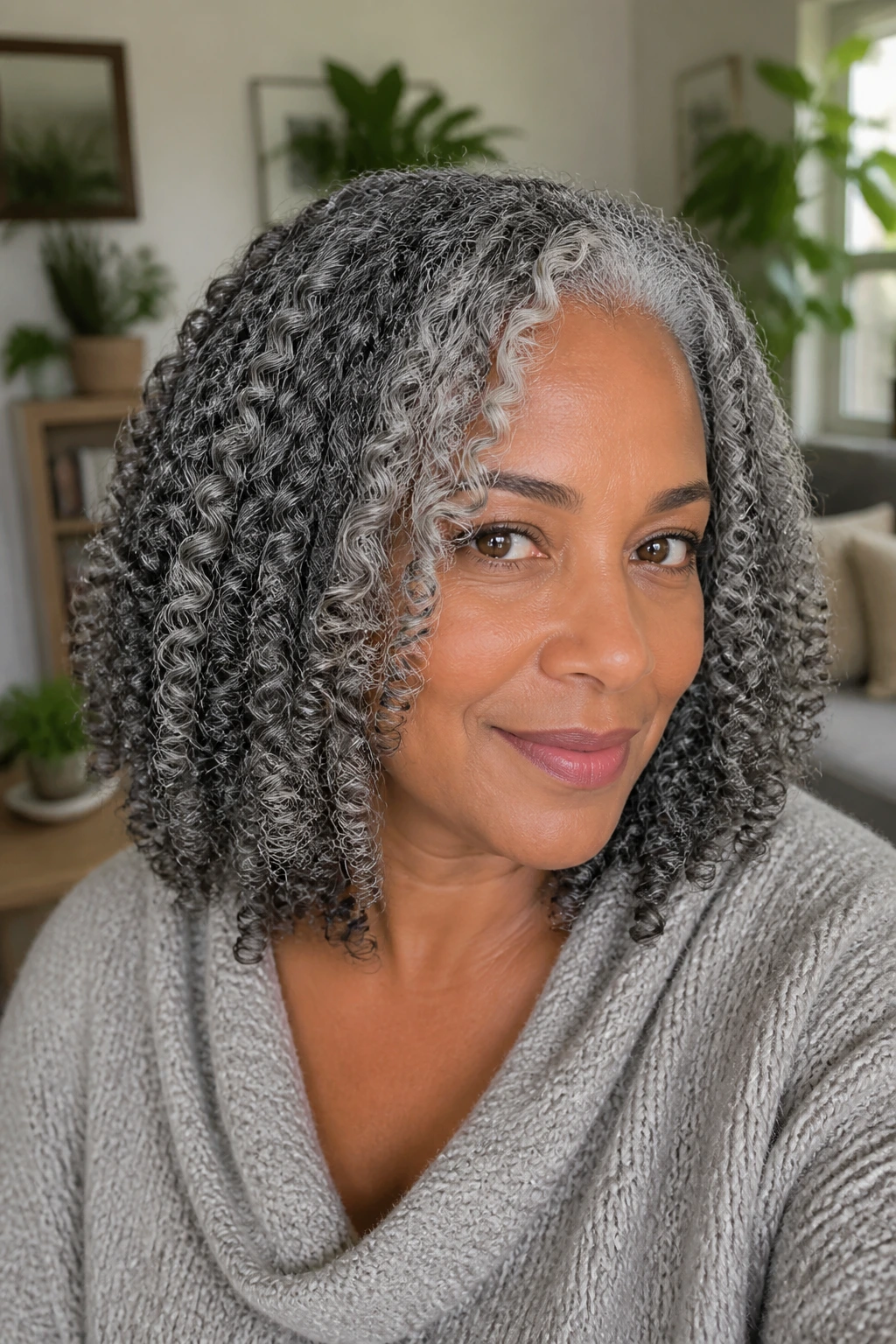 Close-up of a real woman with twist-out shoulder-length gray hair and defined ends.