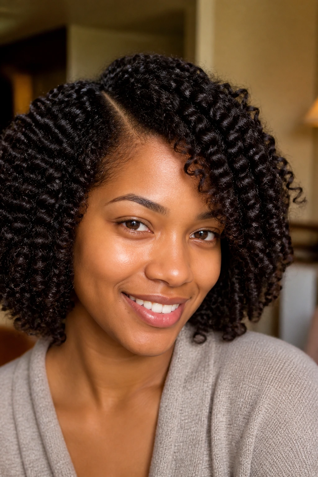 Close-up of a real woman with a defined twist-out and soft side part